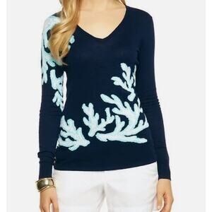 Lilly Pulitzer AINSLEY SWEATER True Navy Coral Jacquard Crew Neck XS Nautical